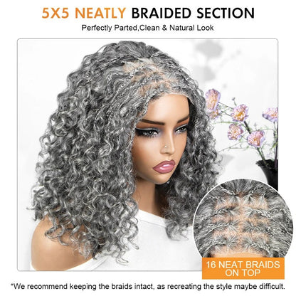 Laura | Boho Braided Curly Human Hair Salt And Pepper Wig Glueless 5x5 Lace Closure Wig with Braided Top