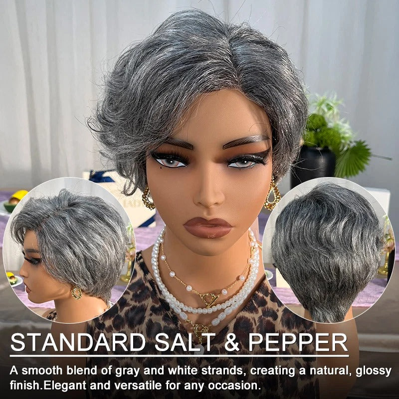 Lena | Instant Salt & Pepper Edgy Pixie Cut Wig Natural Wave Human Hair Glueless Wigs