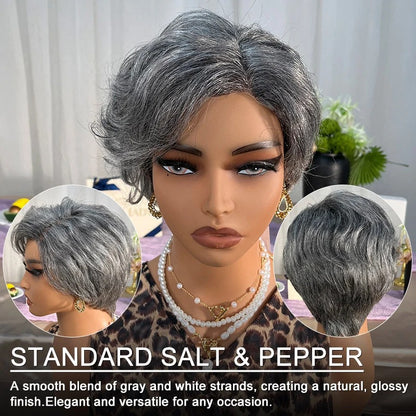 Lena | Instant Salt & Pepper Edgy Pixie Cut Wig Natural Wave Human Hair Glueless Wigs