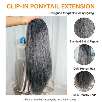 Ashley | Timeless Silver Gray Drawstring Ponytail Hair Salt And Pepper Straight Human Hair Extensions