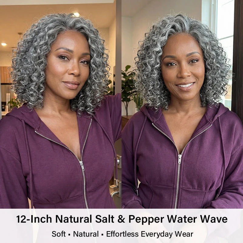 Karla | Timeless Silver Gray Wigs Water Wave Human Hair Salt & Pepper 5x5 HD Lace Wigs For Women