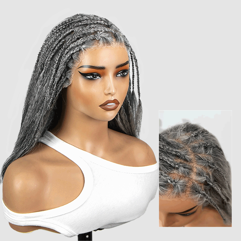 Melody | Salt & Pepper Boho Braid Wig Straight Hair 13x4 Full Frontal Wig - Half Cornrow, Half Loose Style