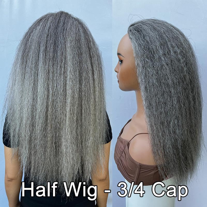 Rebecca | Salt And Pepper Kinky Straight Human Hair 3/4 Half Wig Kinky Blow Out Glueless 3 In 1 Wigs