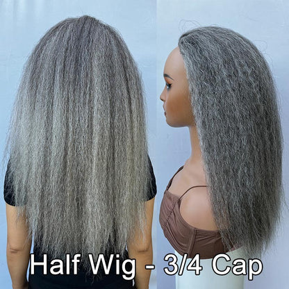 Rebecca | Salt And Pepper Kinky Straight Human Hair 3/4 Half Wig Kinky Blow Out Glueless 3 In 1 Wigs