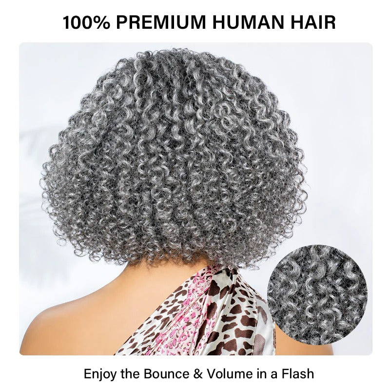 Ruby | Short Jerry Curly Gray Wig | Real Salt & Pepper Human Hair Glueless Lace Wigs Mature & Stylish
