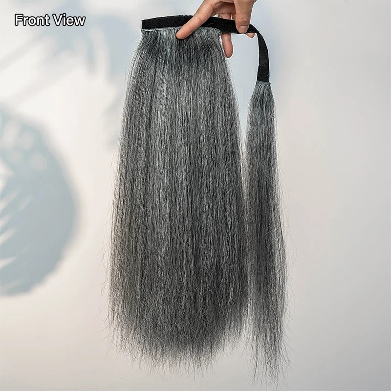 Kathy | Salt and Pepper Wrap Around Ponytail Straight Human Hair Extension – Natural Gray Blend Ponytail Hair Piece for Women