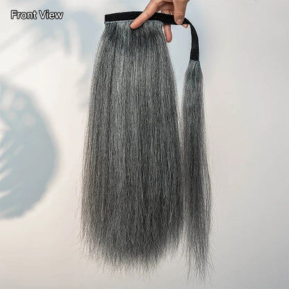Kathy | Salt and Pepper Wrap Around Ponytail Straight Human Hair Extension – Natural Gray Blend Ponytail Hair Piece for Women