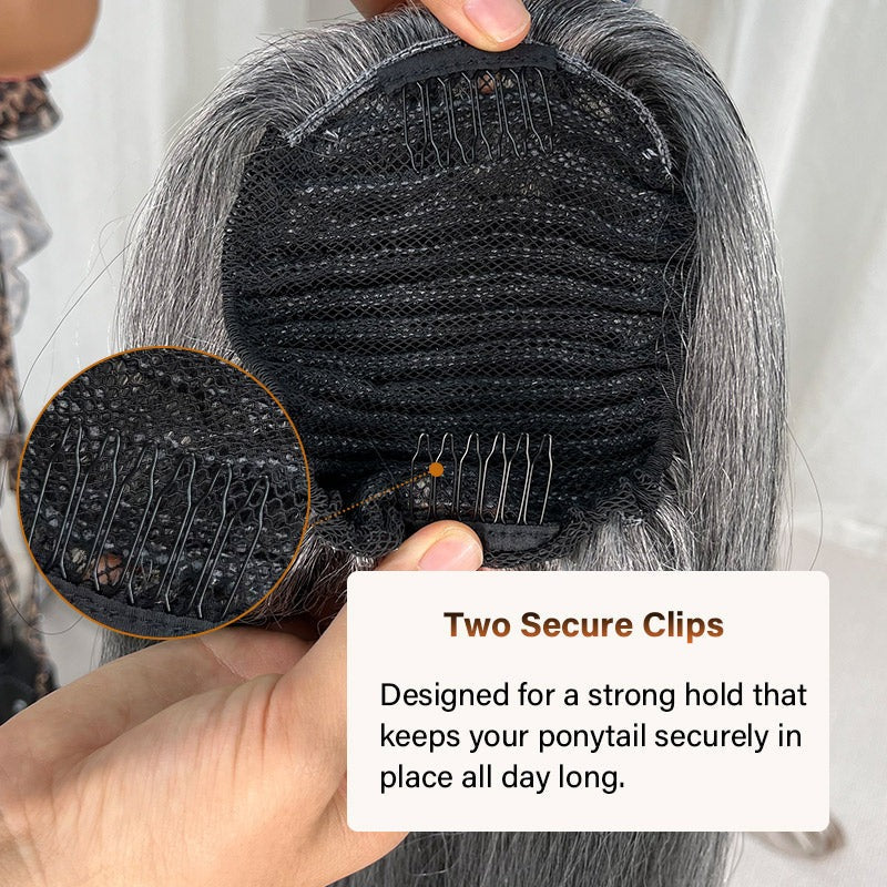 Ashley | Timeless Silver Gray Drawstring Ponytail Hair Salt And Pepper Straight Human Hair Extensions