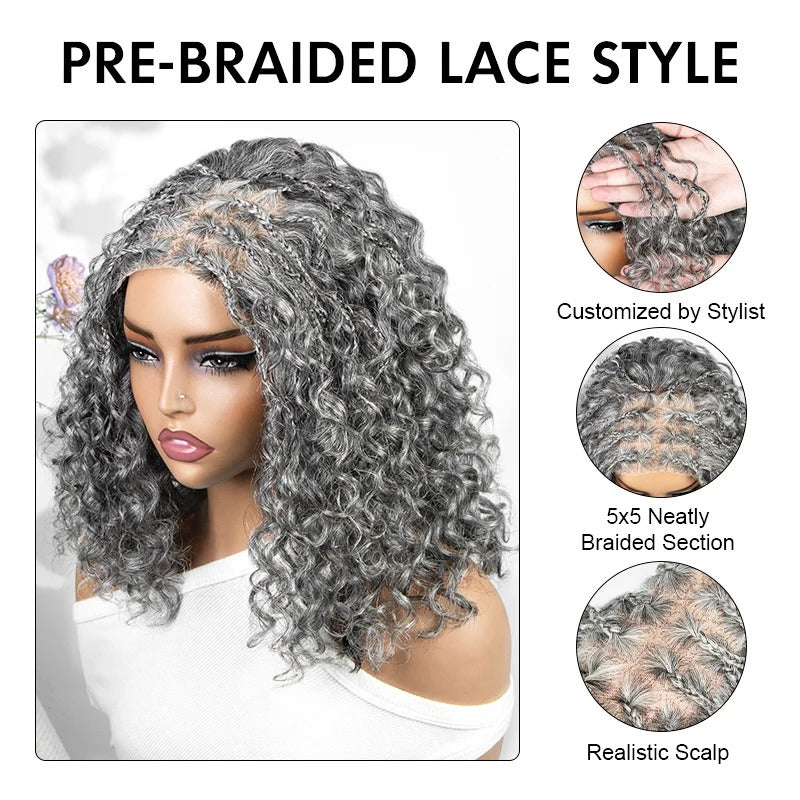 Laura | Boho Braided Curly Human Hair Salt And Pepper Wig Glueless 5x5 Lace Closure Wig with Braided Top