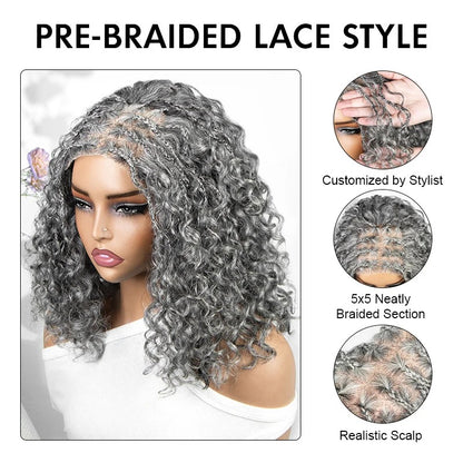 Laura | Boho Braided Curly Human Hair Salt And Pepper Wig Glueless 5x5 Lace Closure Wig with Braided Top