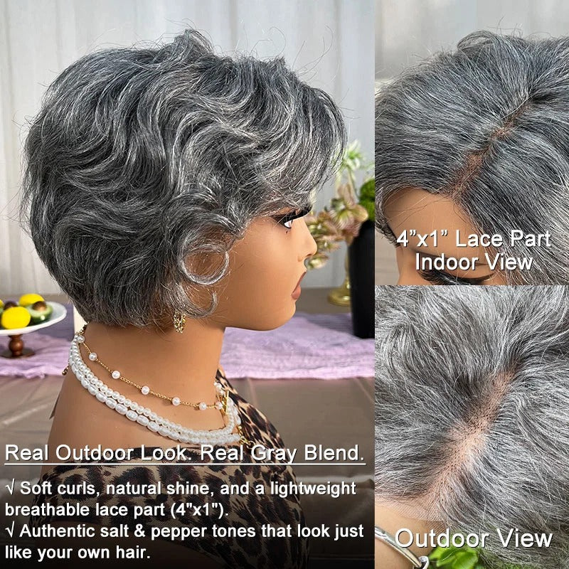 Lena | Instant Salt & Pepper Edgy Pixie Cut Wig Natural Wave Human Hair Glueless Wigs