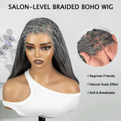 Melody | Salt & Pepper Boho Braid Wig Straight Hair 13x4 Full Frontal Wig - Half Cornrow, Half Loose Style