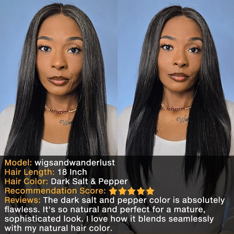 Zora | Trendy Dark Salt And Pepper Straight Human Hair Full Frontal 13x4 HD Lace Wig For Women
