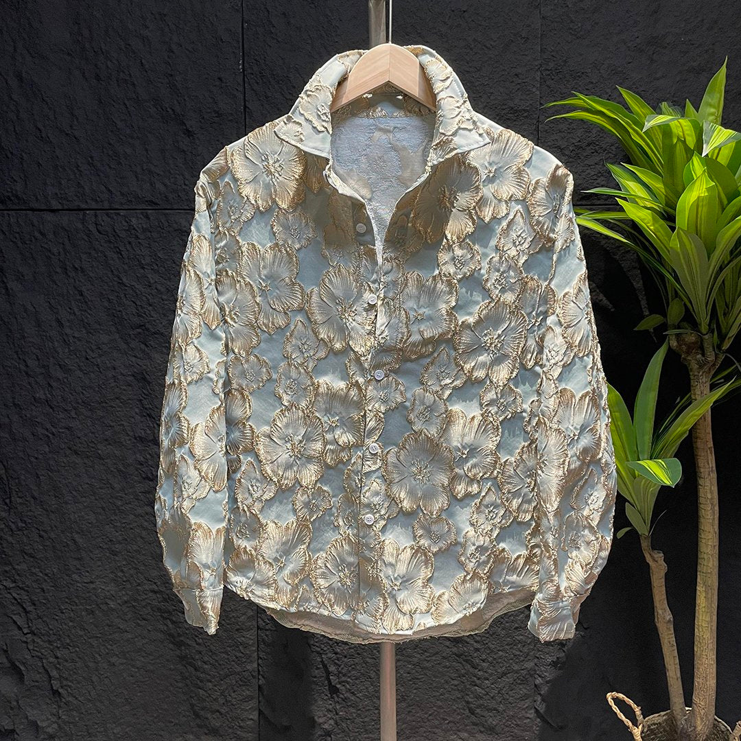 Embossed Gold-stamped Floral Shirt Jacket