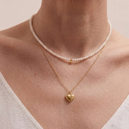 Versatile 2-Piece Set: Gold Pearl & Heart Layering Necklace