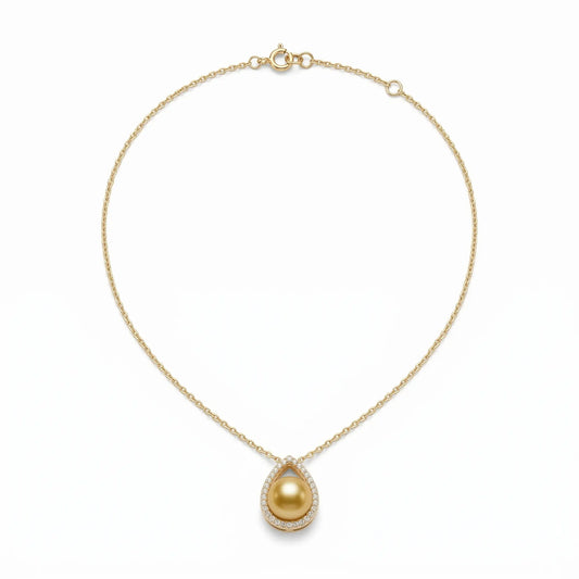18K Solid Gold Champagne South Sea Pearl Pendant Necklace for Women