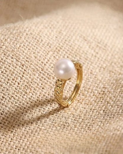 9-9.5mm Large White Pearl Ring, Adjustable 18K Gold Plated S925 Silver Ring