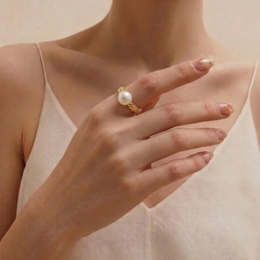 9-9.5mm Large White Pearl Ring, Adjustable 18K Gold Plated S925 Silver Ring