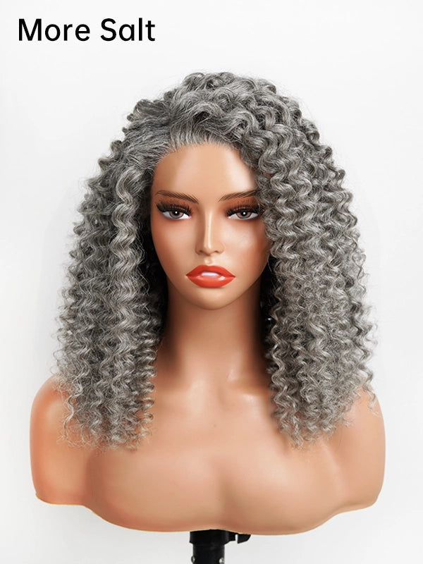 13x4 Salt And Pepper Wand Curly Glueless Gray Color Pre-Cut Lace Wig