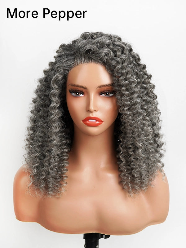 13x4 Salt And Pepper Wand Curly Glueless Gray Color Pre-Cut Lace Wig