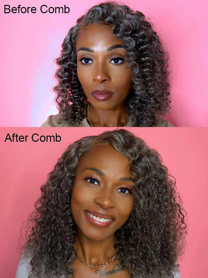 13x4 Salt And Pepper Wand Curly Glueless Gray Color Pre-Cut Lace Wig