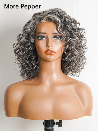 5x5 Gentle Curly Salt And Pepper Glueless Grey Color Pre-Cut Lace Bob Wig