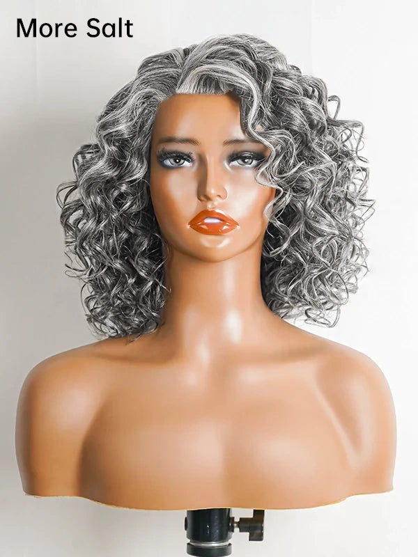 5x5 Gentle Curly Salt And Pepper Glueless Grey Color Pre-Cut Lace Bob Wig