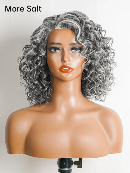 5x5 Gentle Curly Salt And Pepper Glueless Grey Color Pre-Cut Lace Bob Wig