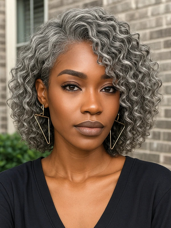 5x5 Gentle Curly Salt And Pepper Glueless Grey Color Pre-Cut Lace Bob Wig