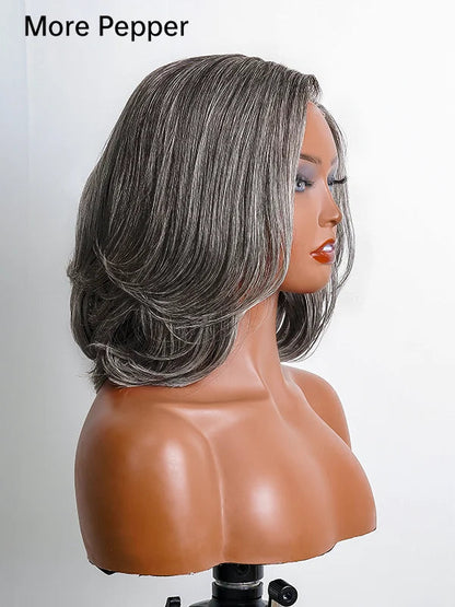 5x5 Salt And Pepper Glueless Gray Color Pre-Cut Lace Layered Cut Straight Bob Wig 100% Human Hair