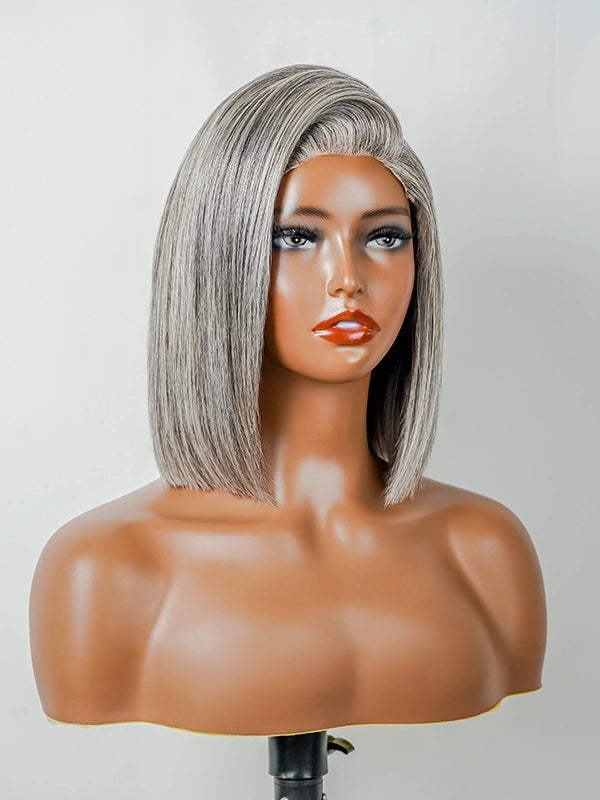 5x5 Salt And Pepper Glueless Gray Color Pre-Cut Lace Straight Bob Wig For Black Women