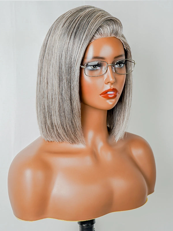 5x5 Salt And Pepper Glueless Gray Color Pre-Cut Lace Straight Bob Wig For Black Women