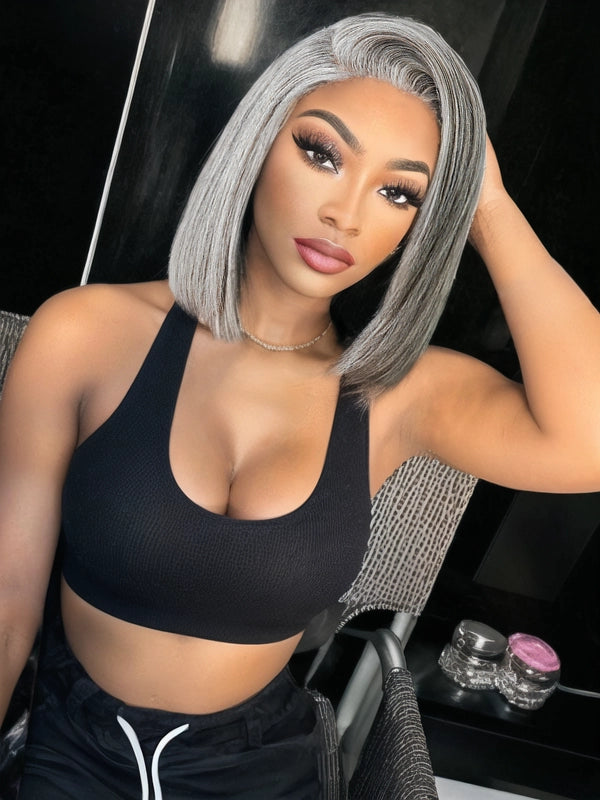 5x5 Salt And Pepper Glueless Gray Color Pre-Cut Lace Straight Bob Wig For Black Women