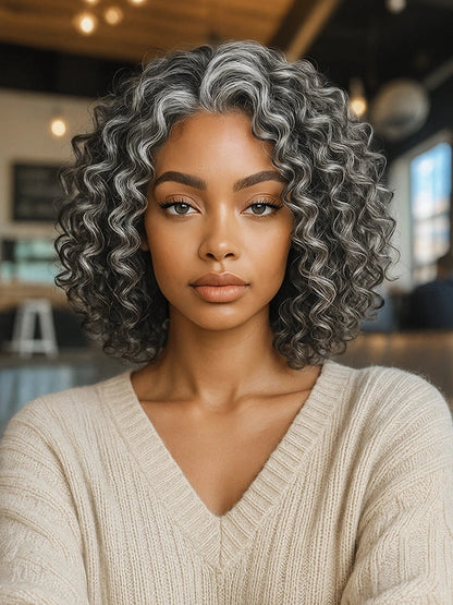 5x5 Gentle Curly Salt And Pepper Glueless Grey Color Pre-Cut Lace Bob Wig