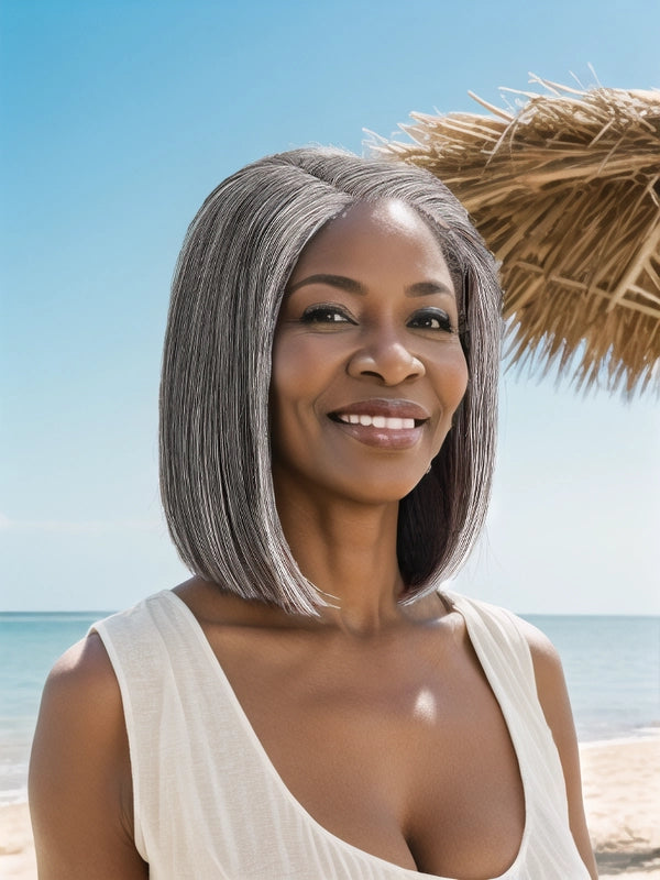 5x5 Salt And Pepper Glueless Gray Color Pre-Cut Lace Straight Bob Wig For Black Women