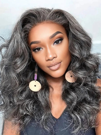 13x4 Salt And Pepper Wavy Glueless Gray Color Pre-Cut Lace Wig Human Hair