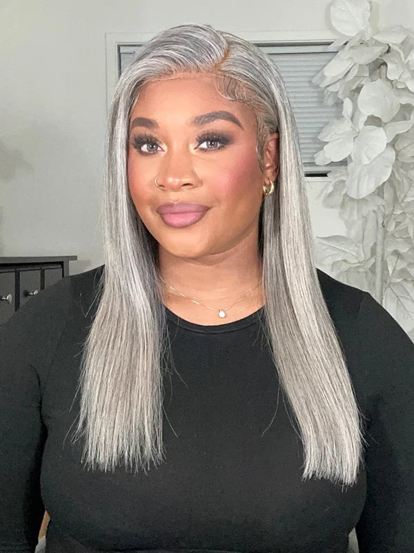 Salt & Pepper Gray Beginner Friendly Glueless Straight Wig 100% Human Hair