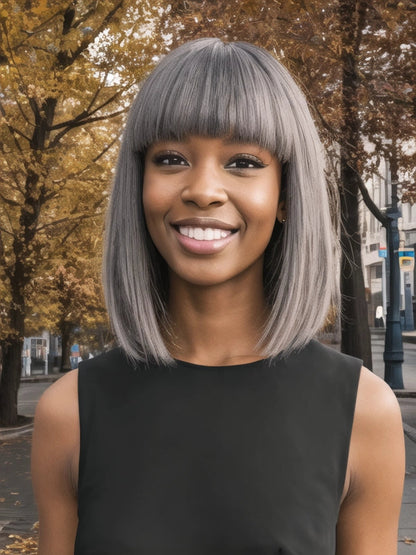 Salt And Pepper Full Machine Made Bang Wig With Small Lace
