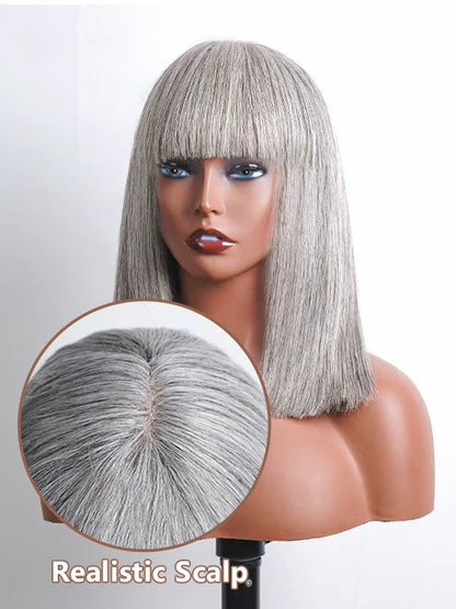 Salt And Pepper Full Machine Made Bang Wig With Small Lace