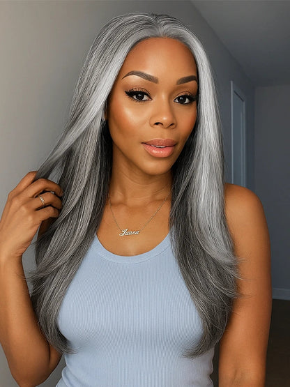 5x5 Closure Salt & Pepper More Salt Highlight Front Glueless Straight Wig