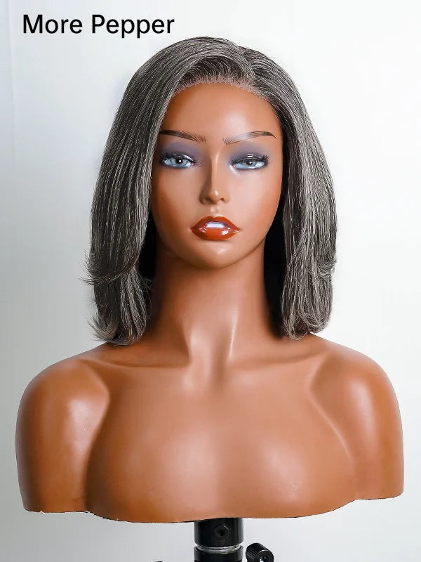 5x5 Salt And Pepper Glueless Gray Color Pre-Cut Lace Layered Cut Straight Bob Wig 100% Human Hair