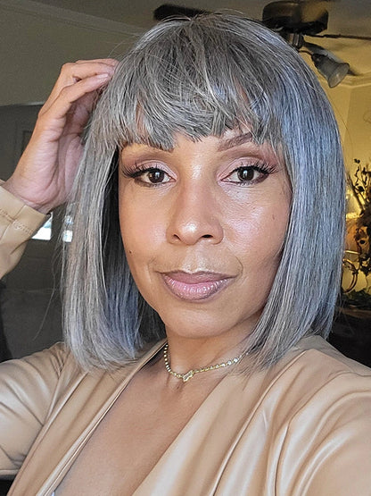 Salt And Pepper Full Machine Made Bang Wig With Small Lace