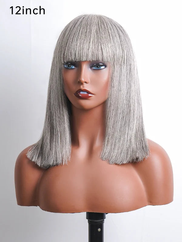 Salt And Pepper Full Machine Made Bang Wig With Small Lace