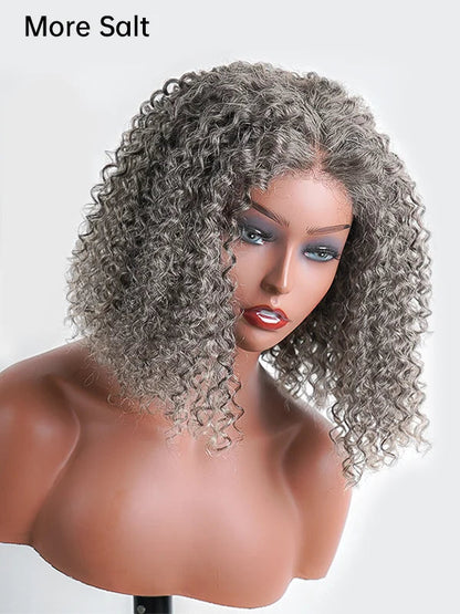 5x5 Deep Curly Salt And Pepper Glueless Gray Color Pre-Cut Lace Bob Wig