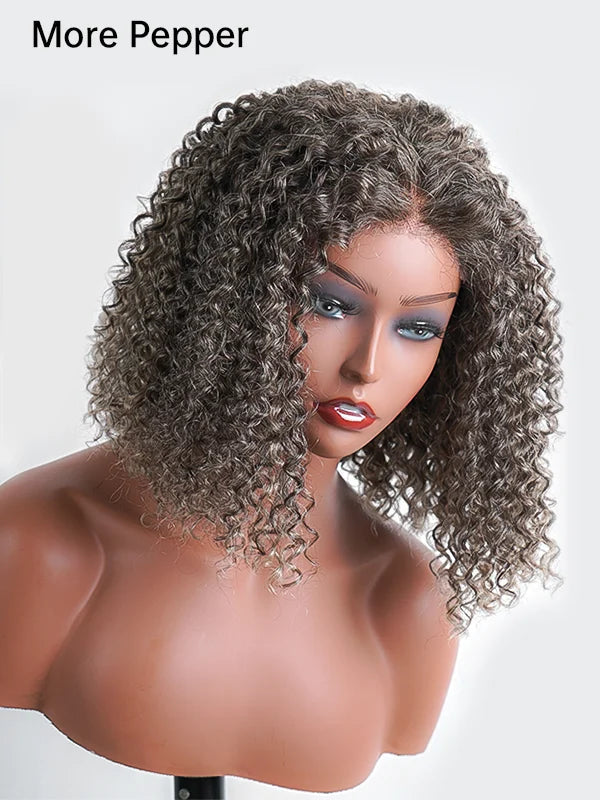 5x5 Deep Curly Salt And Pepper Glueless Gray Color Pre-Cut Lace Bob Wig