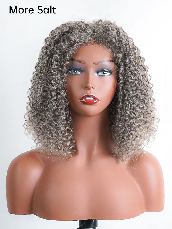 5x5 Deep Curly Salt And Pepper Glueless Gray Color Pre-Cut Lace Bob Wig