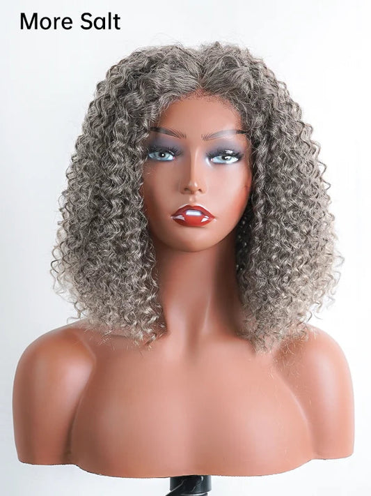 5x5 Deep Curly Salt And Pepper Glueless Gray Color Pre-Cut Lace Bob Wig