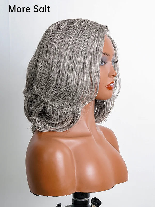 5x5 Salt And Pepper Glueless Gray Color Pre-Cut Lace Layered Cut Straight Bob Wig 100% Human Hair