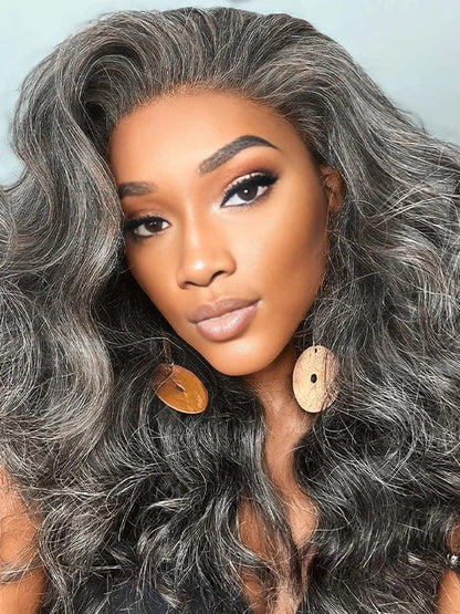 13x4 Salt And Pepper Wavy Glueless Gray Color Pre-Cut Lace Wig Human Hair