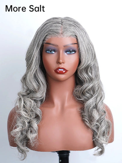 13x4 Salt And Pepper Wavy Glueless Gray Color Pre-Cut Lace Wig Human Hair